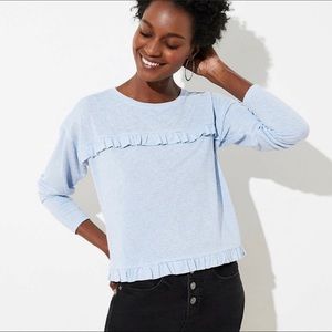 NWT Loft Blue & White Striped Ruffle Top